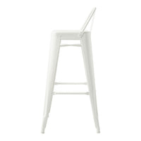 White metal bar stool with a sleek, minimalist design and smooth finish. Perfect for modern decor.