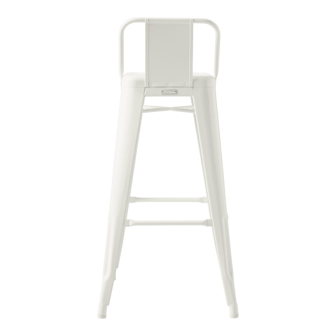 White metal bar stool with a sleek, minimalist design and clean lines. Ideal for modern decor.