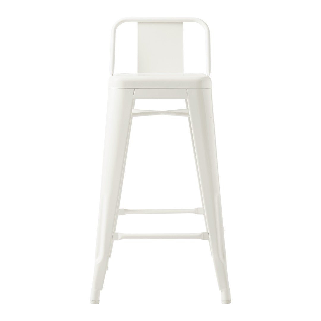 White metal bar stool with a sleek, minimalist design and no patterns. Perfect for modern interiors.