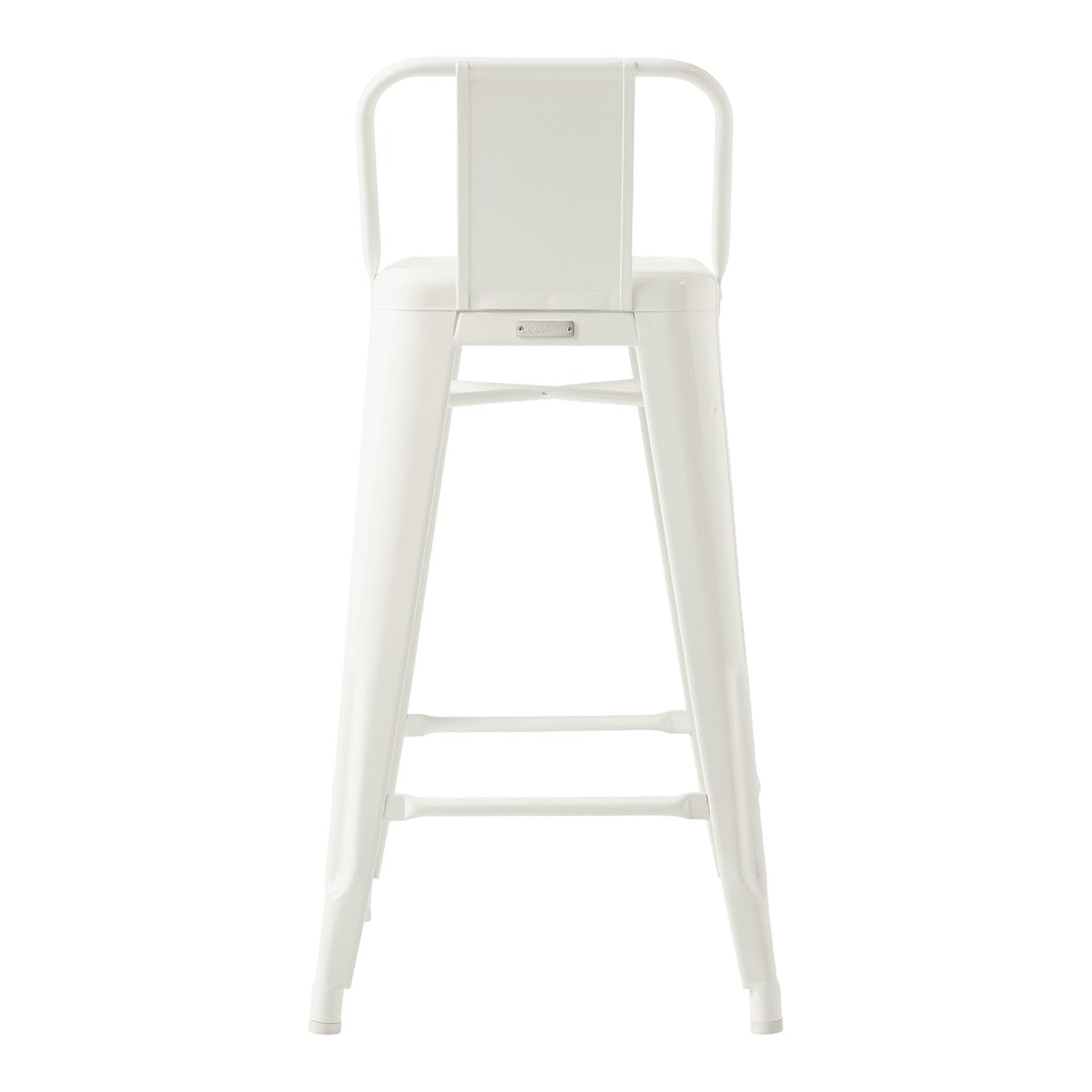 White metal bar stool with a minimalist design and clean lines, featuring a solid finish and no patterns.