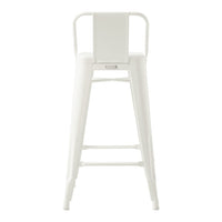 White metal bar stool with a minimalist design and clean lines, featuring a solid finish and no patterns.