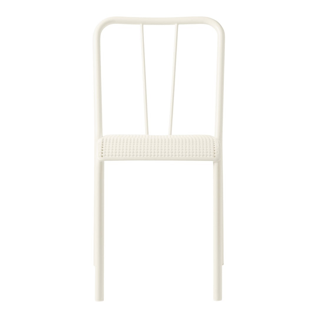 Minimalist white chair with clean lines and a textured woven seat, perfect for modern decor.