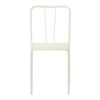 Minimalist white chair with clean lines and a textured woven seat, perfect for modern decor.