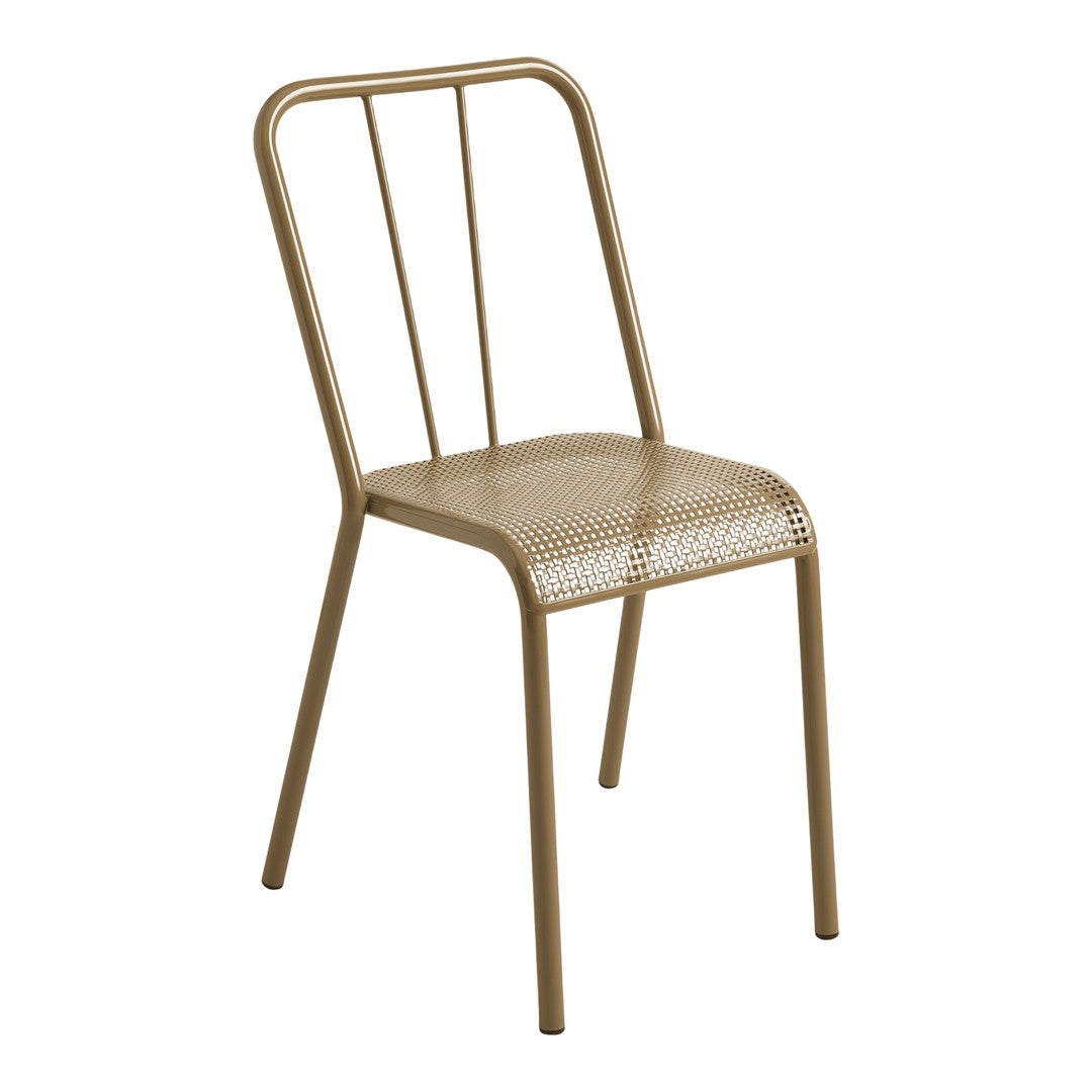 "Beige metal chair with a perforated seat and sleek, modern design, perfect for contemporary decor."