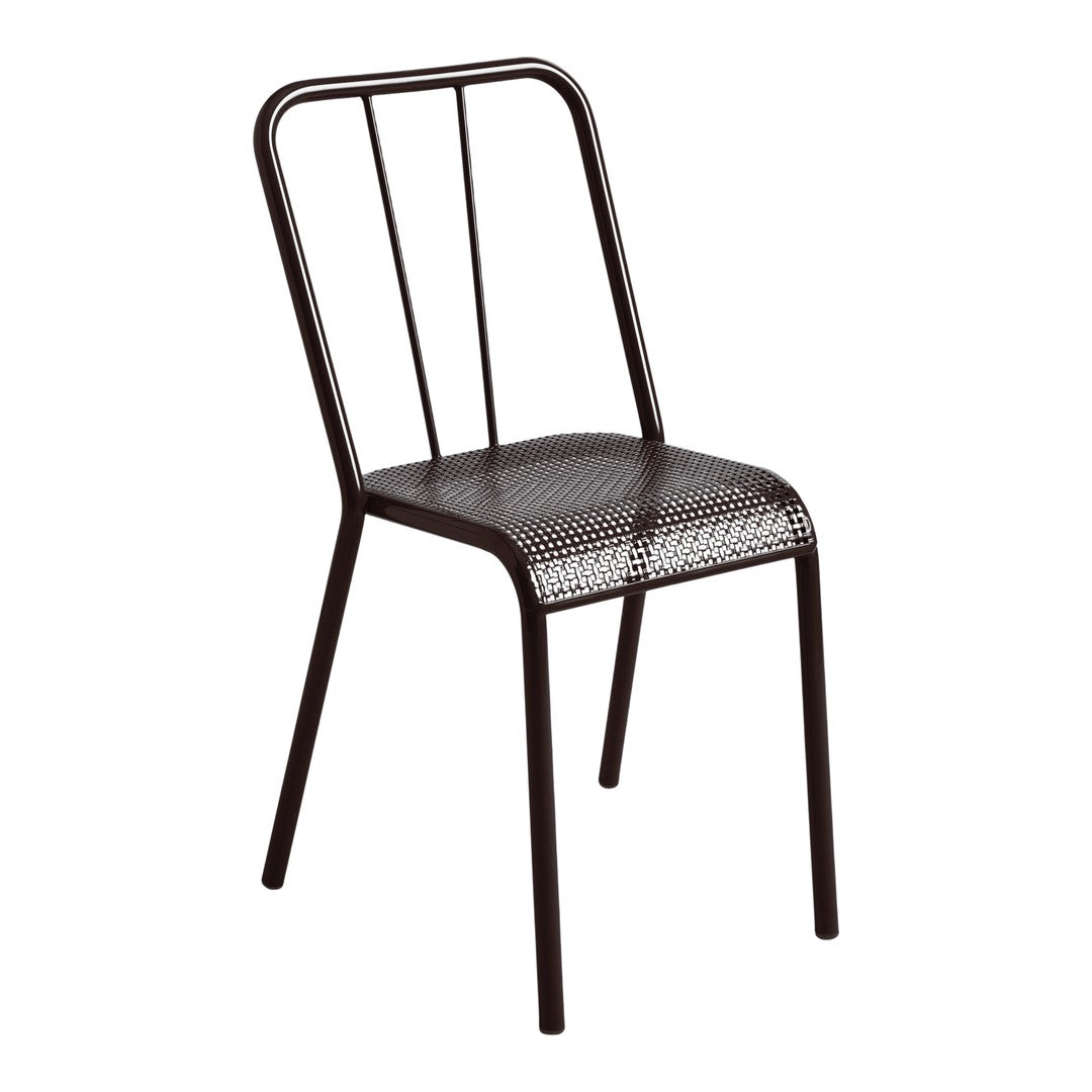 Black metal chair with a perforated pattern and sleek, minimalist design, perfect for modern decor.