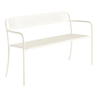 White metal bench with a minimalist design and slatted backrest, perfect for modern outdoor spaces.