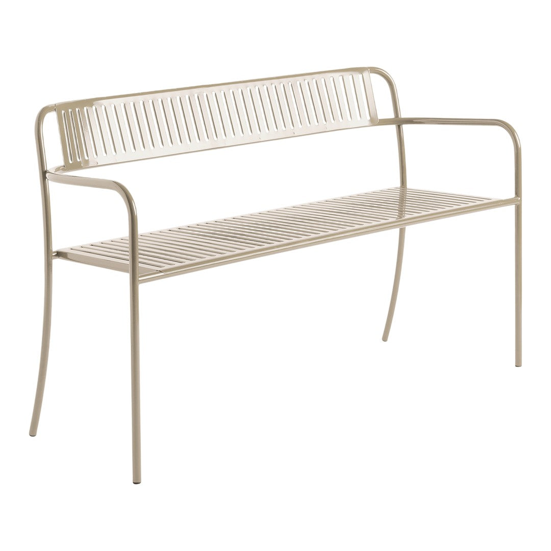 Light beige metal bench with a sleek, slatted design. Modern and minimalist for outdoor or indoor use.