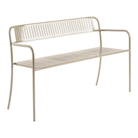 Light beige metal bench with a sleek, slatted design. Modern and minimalist for outdoor or indoor use.
