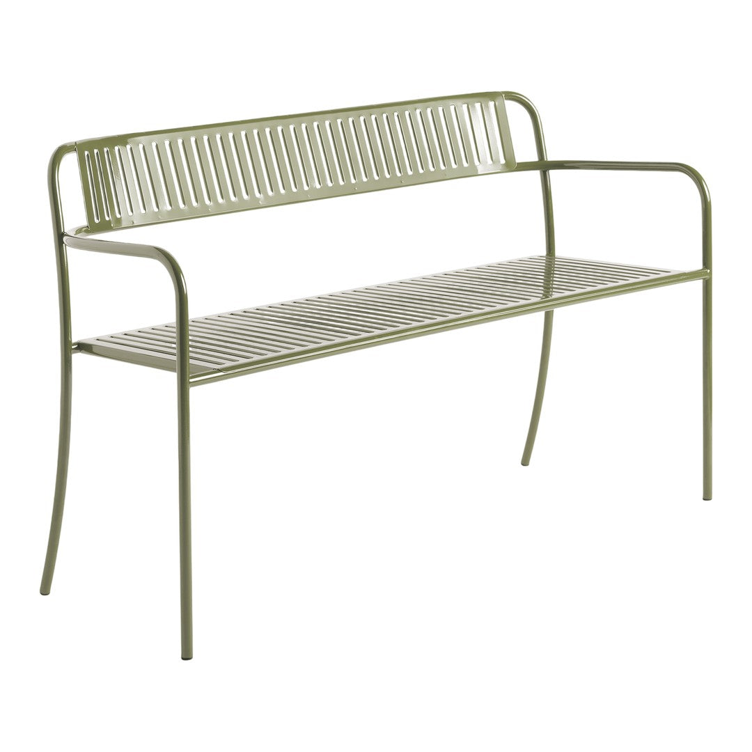 Green metal bench with slatted design, perfect for outdoor seating. Modern and minimalist style.