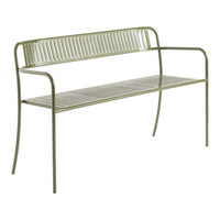 Green metal bench with slatted design, perfect for outdoor seating. Modern and minimalist style.
