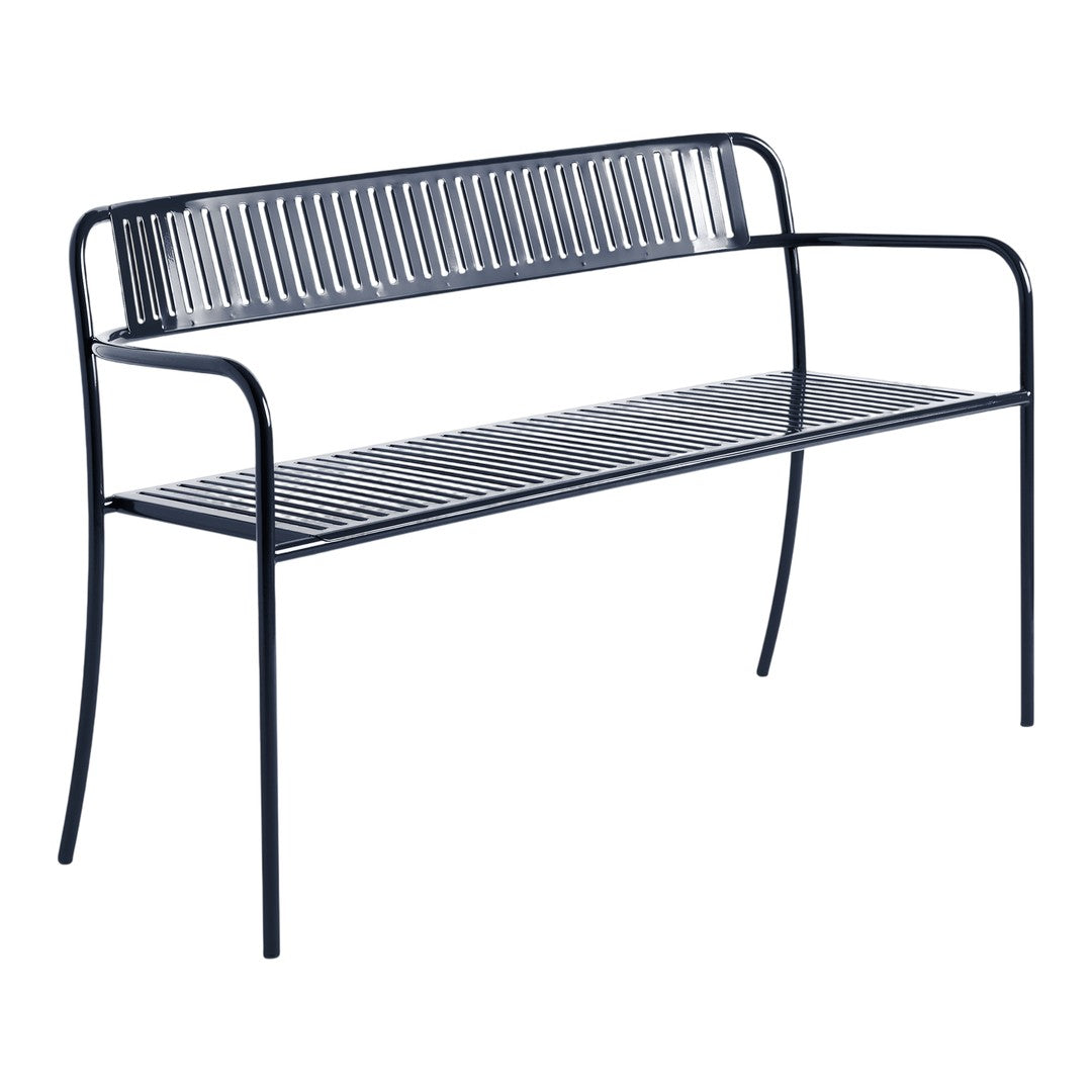 Stylish navy blue bench with sleek slatted design, perfect for modern outdoor or indoor spaces.