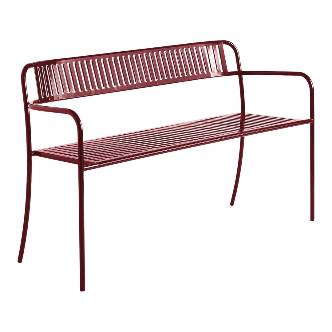 Red metal bench with a slatted design, offering a sleek and modern look for outdoor or indoor spaces.