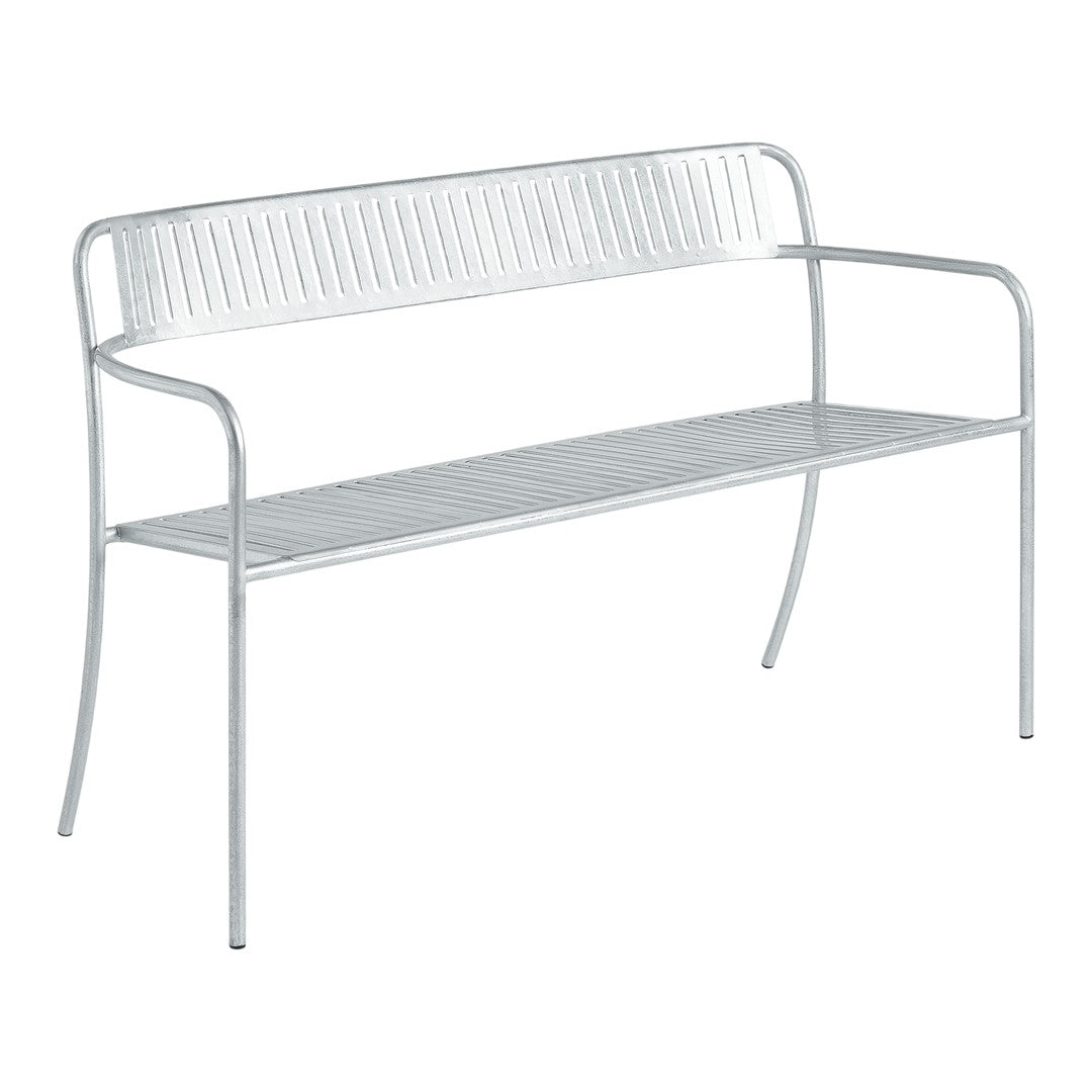 Modern white metal bench with a sleek, horizontal slatted pattern. Ideal for outdoor and indoor settings.