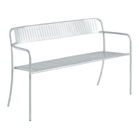 Modern white metal bench with a sleek, horizontal slatted pattern. Ideal for outdoor and indoor settings.