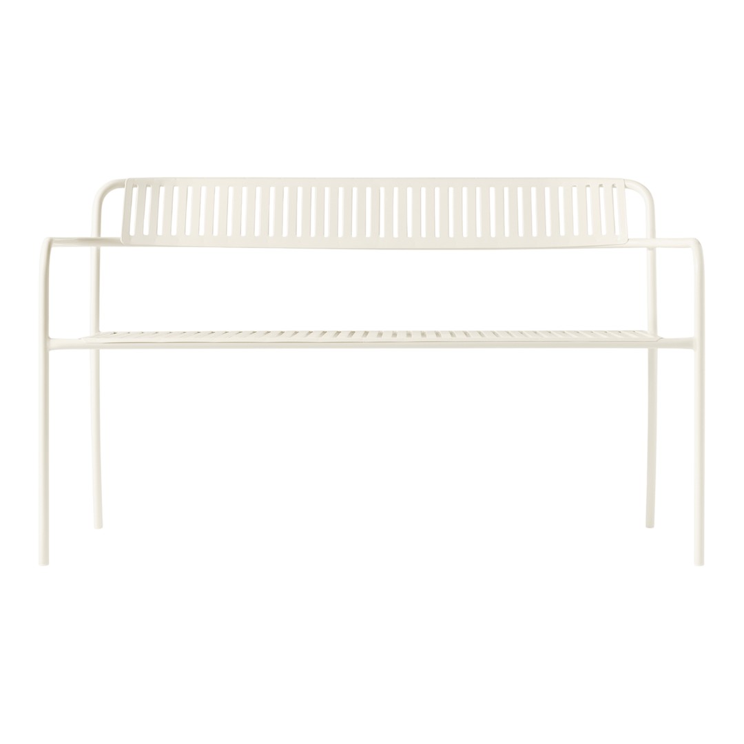 White metal bench with minimalist slatted design, featuring clean lines and a modern aesthetic.