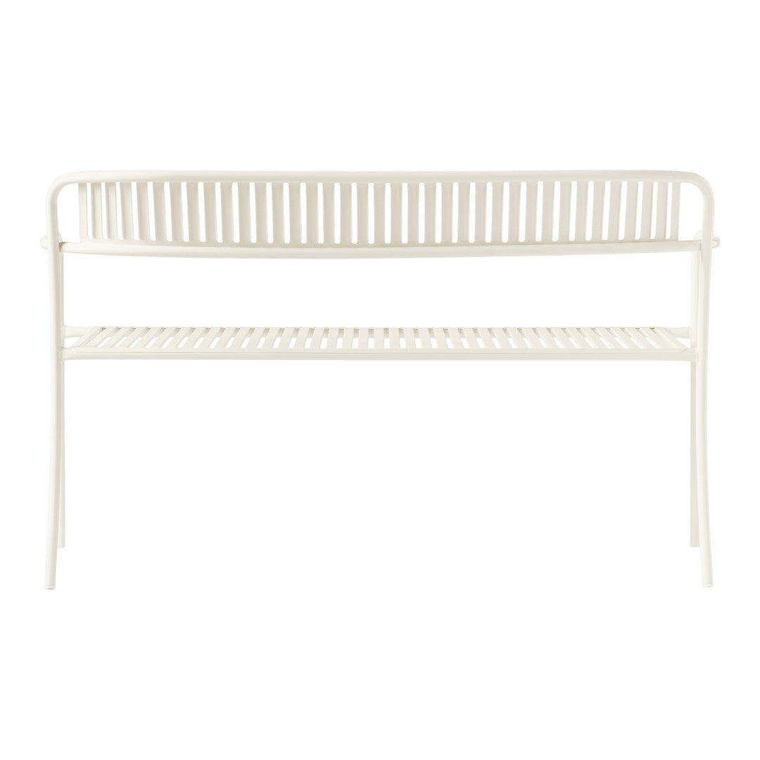 White metal bench with a slatted pattern and minimalist design, perfect for outdoor or indoor settings.