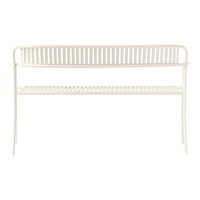 White metal bench with a slatted pattern and minimalist design, perfect for outdoor or indoor settings.