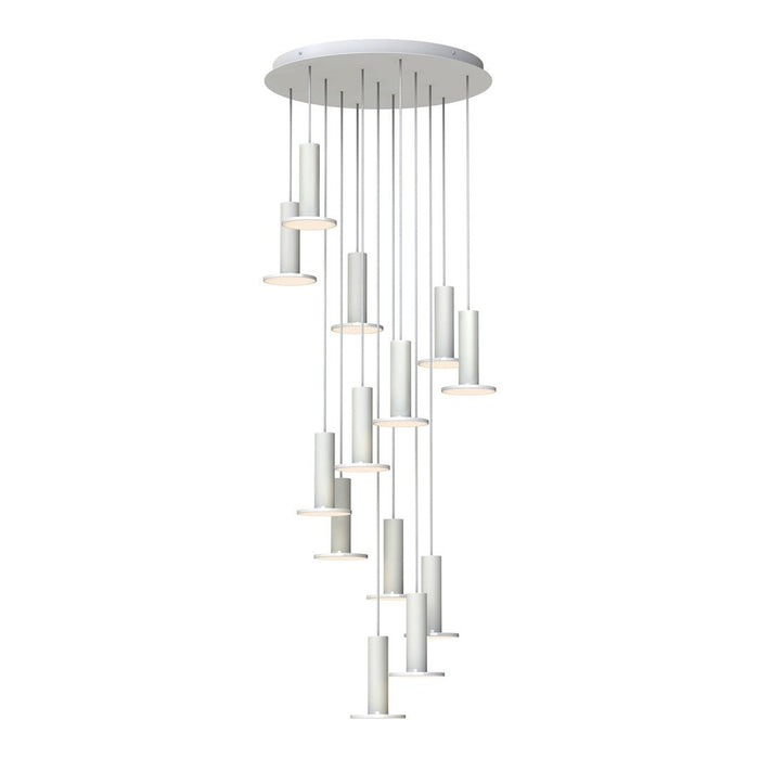 Modern white pendant light with sleek cylindrical shapes and a minimalist design, hanging from a round ceiling mount.
