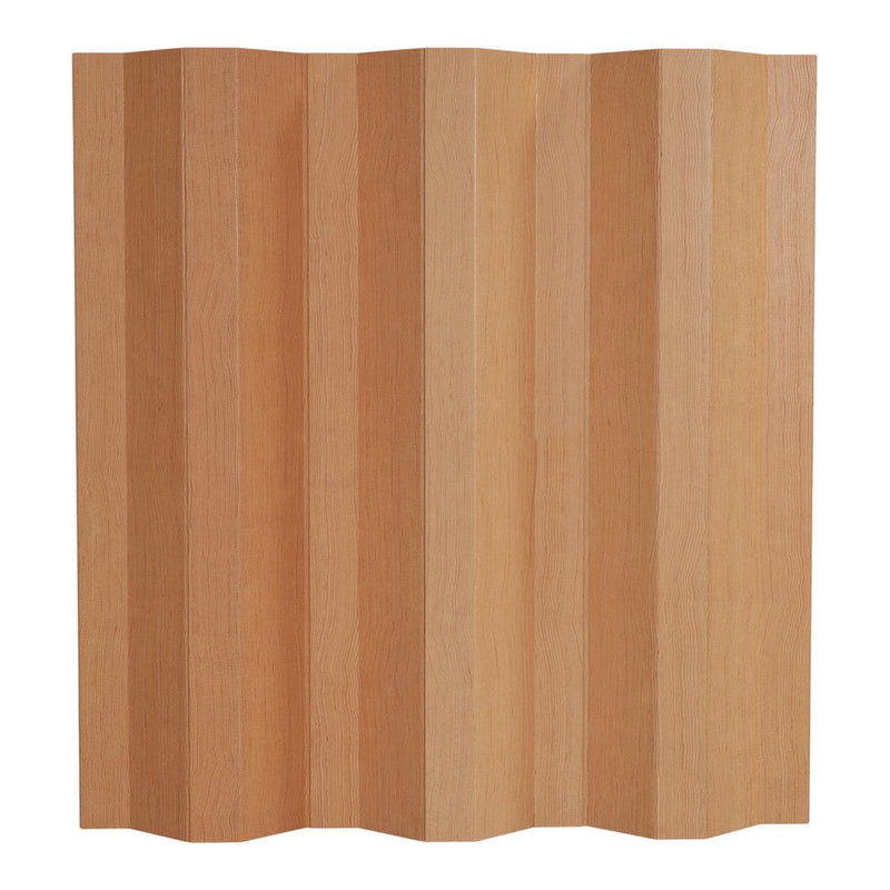 Natural wood panel with warm beige tones and vertical wave patterns, ideal for interior decoration.