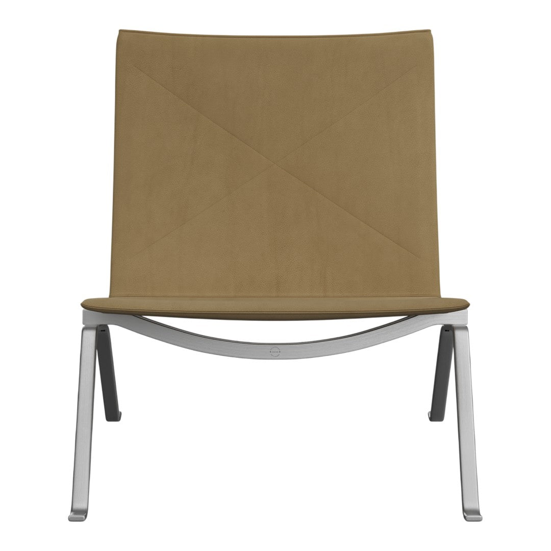 Brown modern lounge chair with a sleek silver frame and a minimalist design. Ideal for contemporary spaces.