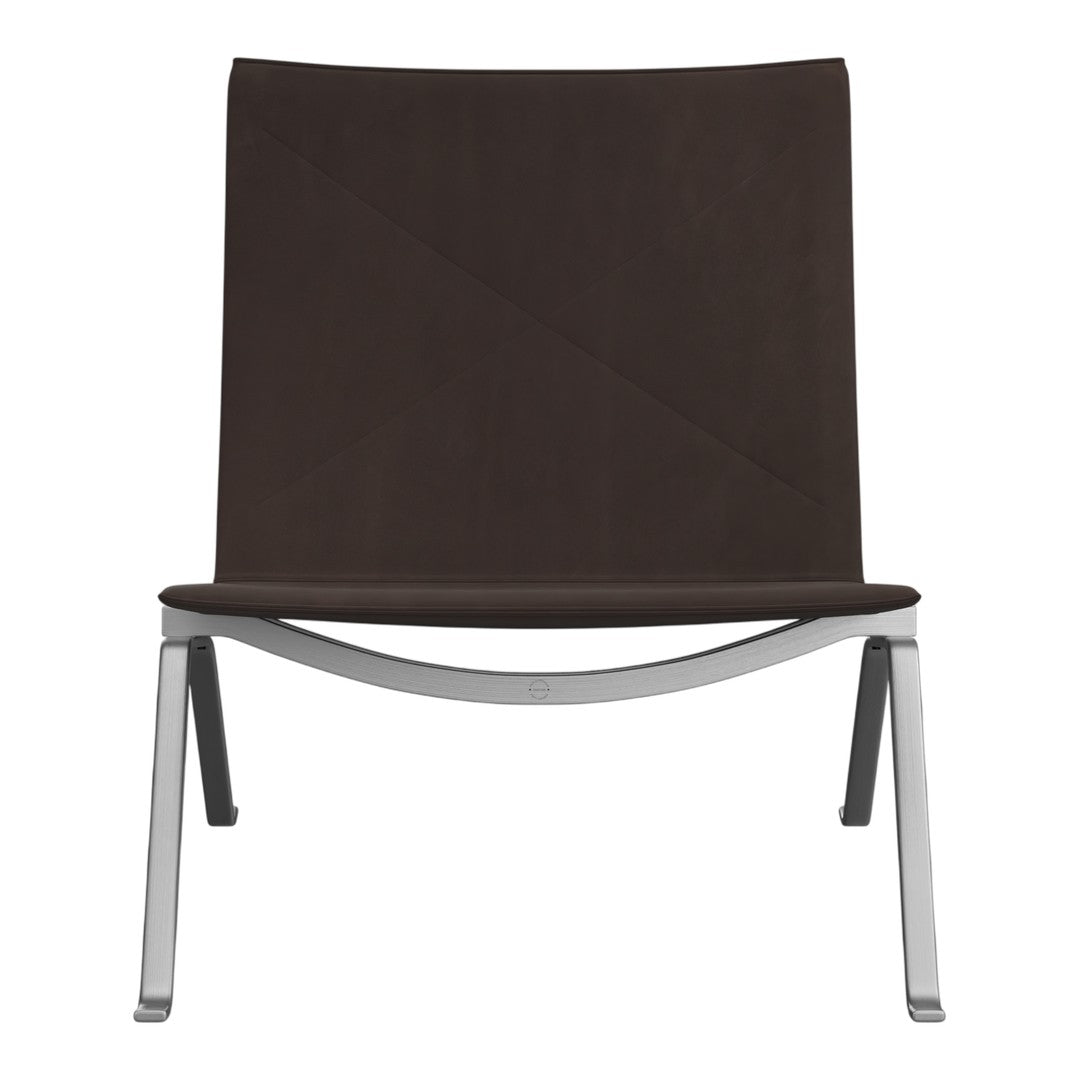 Brown padded lounge chair with a sleek silver frame and a minimalist design. Perfect for modern spaces.