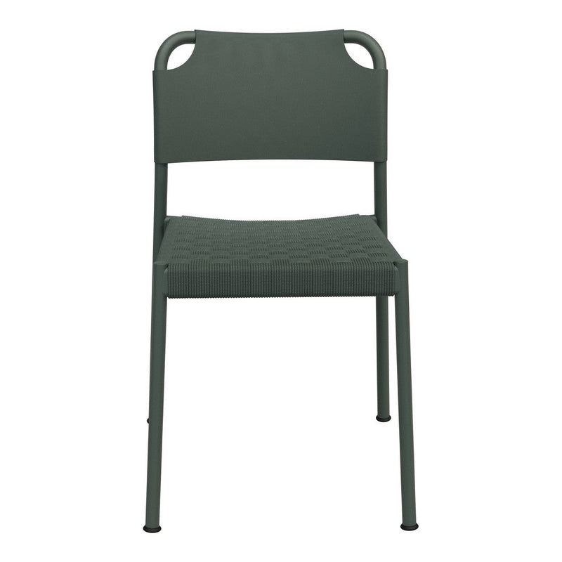 Dark green woven patio chair with sleek design and minimalist aesthetic. Perfect for outdoor dining.