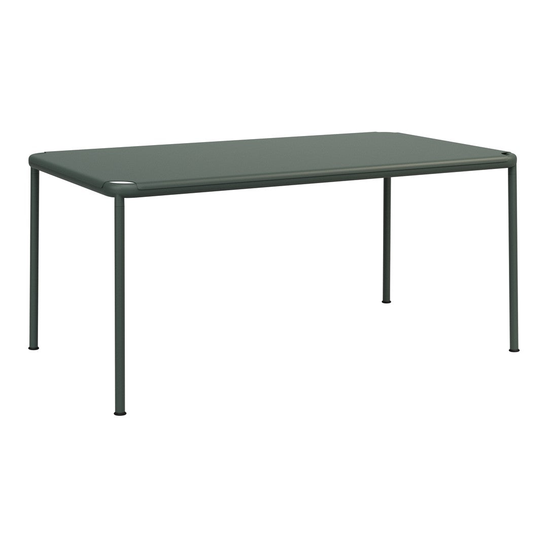 Rectangular table in deep green with a smooth finish and sleek, minimalist design. Suitable for indoor or outdoor use.