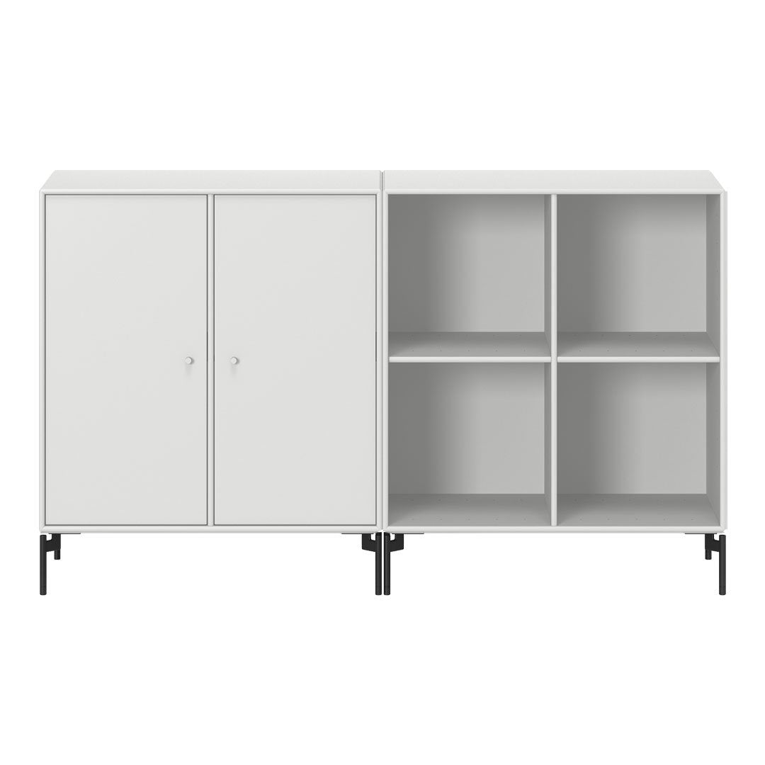 Modern white storage cabinet with clean lines and minimalistic design, featuring four open shelves and two closed doors.