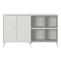 Light gray two-tone cabinet with smooth surfaces and minimalist design, featuring four open shelves and two closed doors.