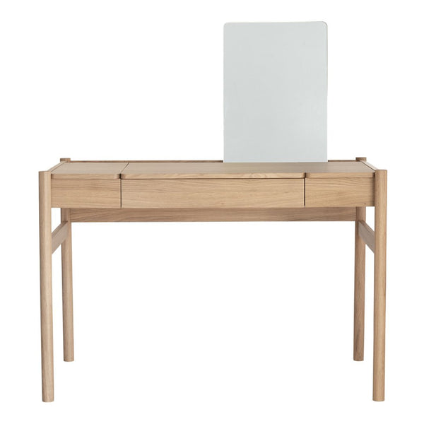 Light wooden desk with a minimalist design, featuring a smooth finish and a simple white rectangular mirror.