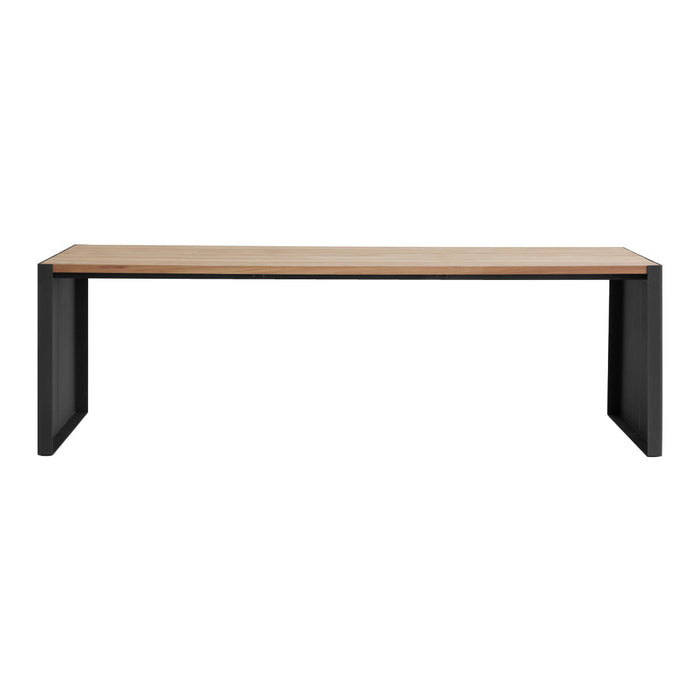 Light wood tabletop with natural grain pattern, supported by sleek black metal legs in a minimalist design.