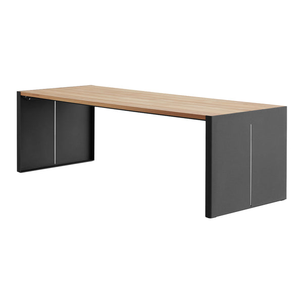 Wooden tabletop with natural finish and sleek black legs, featuring minimalistic lines for a modern look.