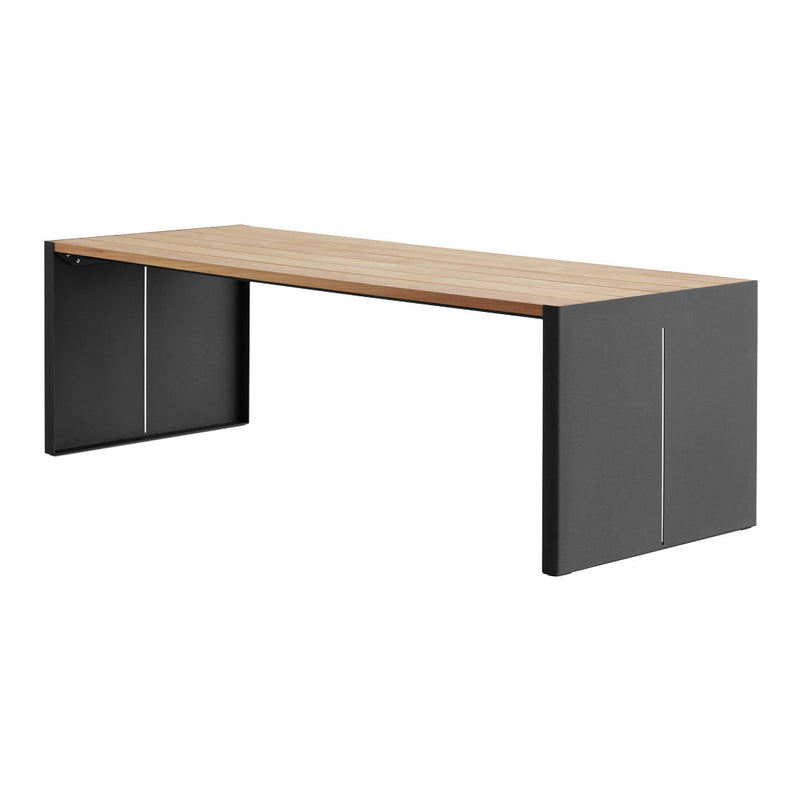 Wooden tabletop with natural finish and sleek black legs, featuring minimalistic lines for a modern look.