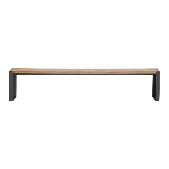 Natural wood bench with a sleek black metal frame, showcasing a minimalist design and warm wood grain pattern.