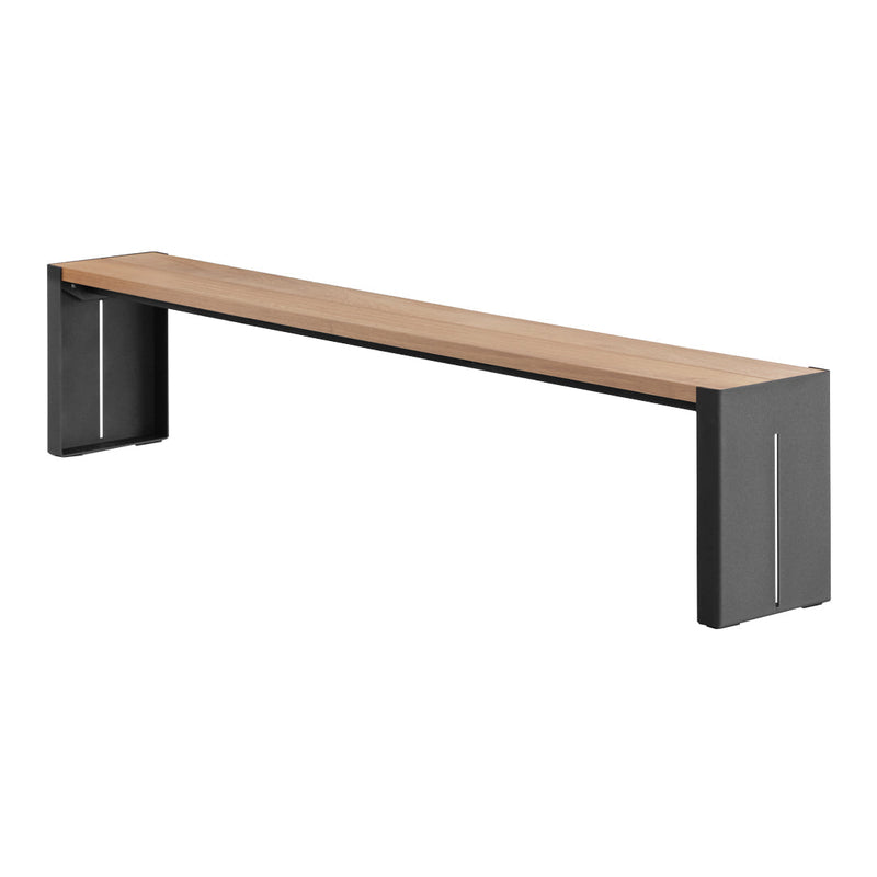 Wooden bench with a natural wood finish and sleek black metal accents, featuring a minimalist design.
