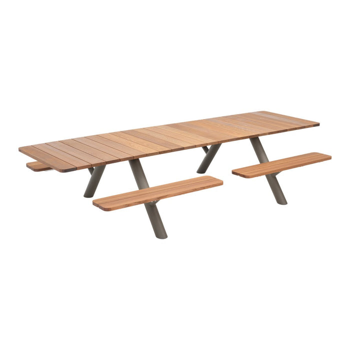 Wooden picnic table with a warm honey finish and sleek gray metal legs, featuring an elegant slatted pattern.