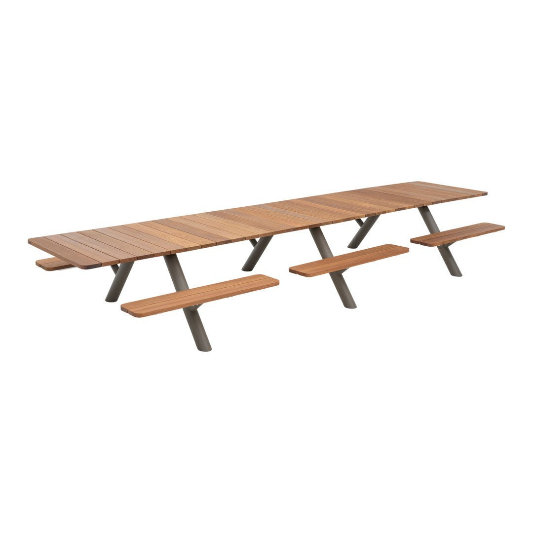 Natural wooden picnic table with a warm brown finish and sleek gray legs, featuring a modern, minimalist design.