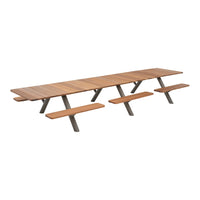 Natural wooden picnic table with a warm brown finish and sleek gray legs, featuring a modern, minimalist design.