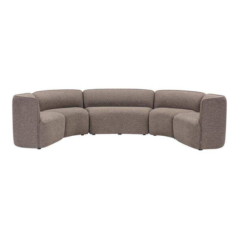 Curved sectional sofa in a soft taupe fabric, featuring a subtle textured pattern for a modern look.