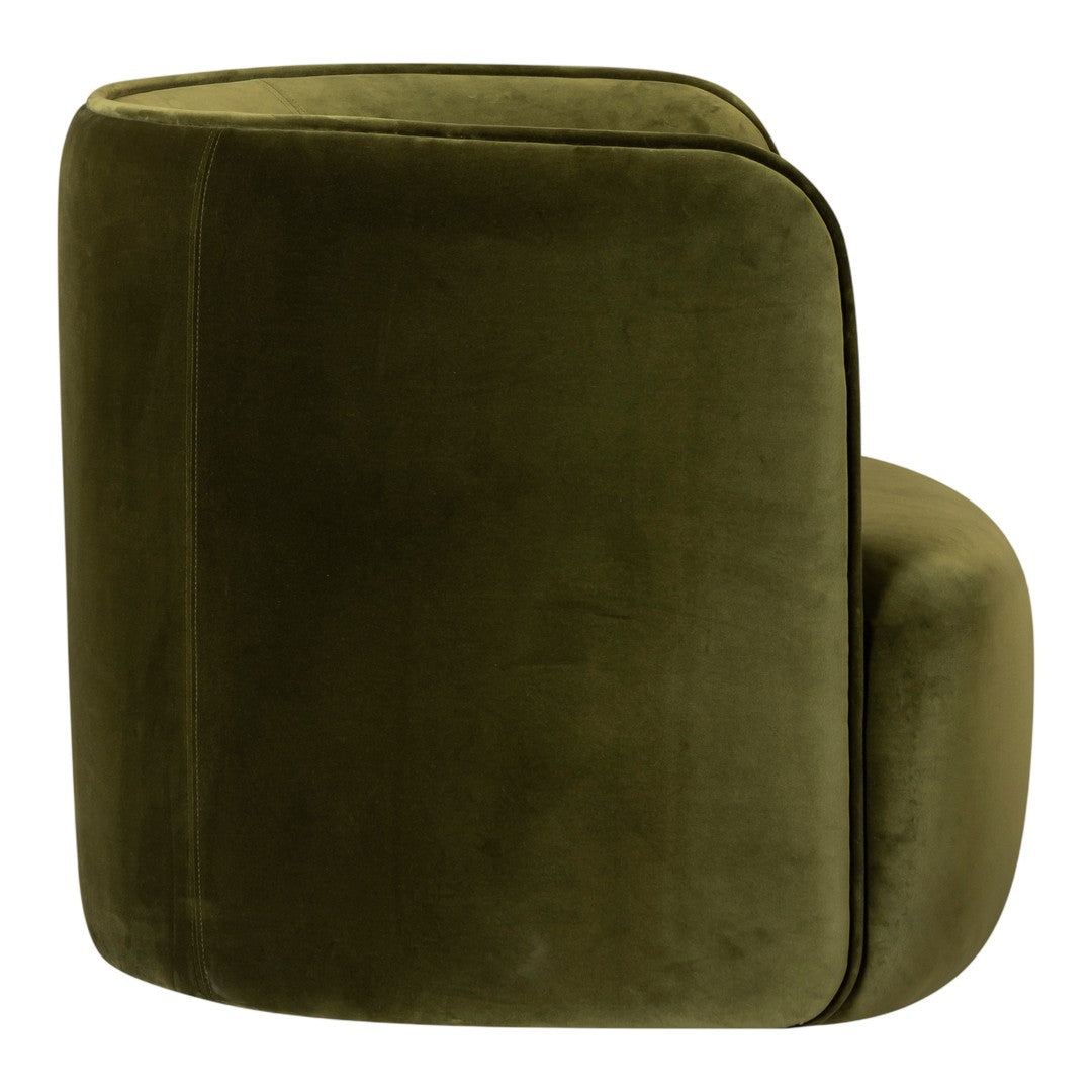 Olive green velvet chair with a sleek, modern design and smooth, solid fabric finish. Ideal for contemporary decor.