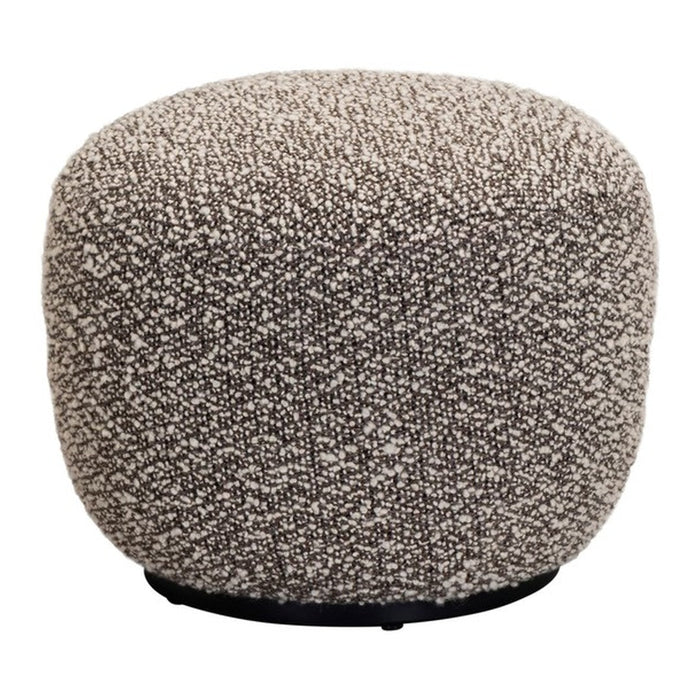 Textured round pouf in soft beige with speckled brown patterns, perfect for adding warmth to any room decor.