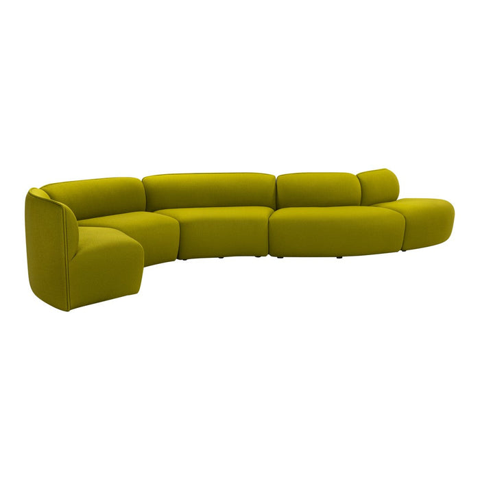 Curved sofa in vibrant olive green with plush, rounded cushions for a modern aesthetic. Ideal for contemporary spaces.