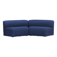Two-piece sectional sofa in solid navy blue upholstery with a modern, minimalist design.
