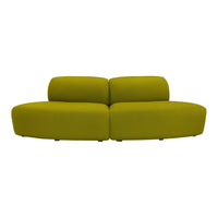 Stylish two-tone sofa in vibrant mustard yellow with a sleek, modern design and smooth, rounded shapes.