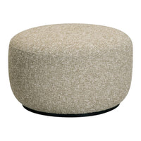 Beige textured pouf with subtle fibers and a smooth round shape, ideal for modern decor.