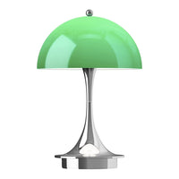 Modern lamp featuring a glossy green dome shade and sleek silver base, showcasing a stylish minimalist design.