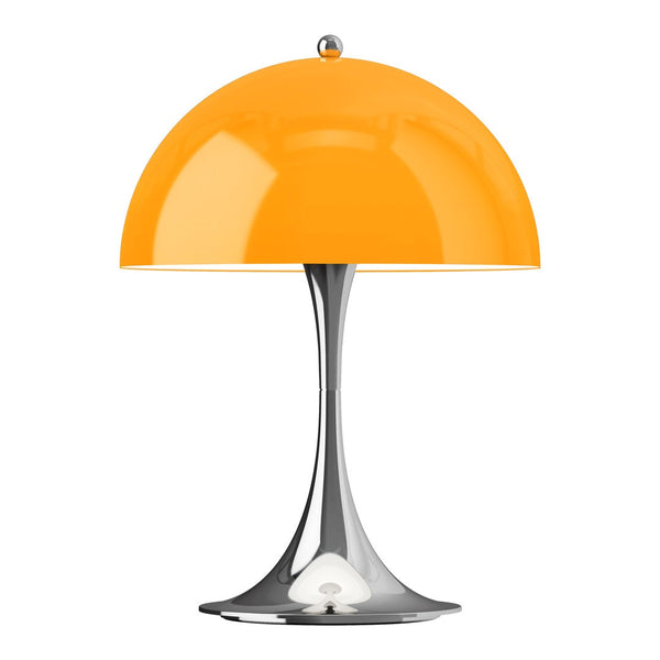 Bright orange dome lamp with a sleek chrome base, showcasing a modern design and glossy finish. Perfect for stylish decor.