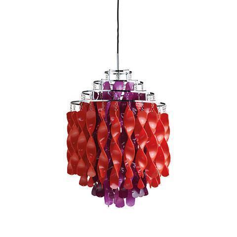 Vibrant red and purple twisted design pendant light with a modern chrome finish. Perfect for trendy spaces.