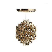 Gold pendant light featuring a modern, intricate pattern of interwoven shapes for a stylish decor accent.