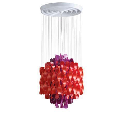 Colorful pendant light featuring swirling red, purple, and violet patterns, ideal for modern decor.